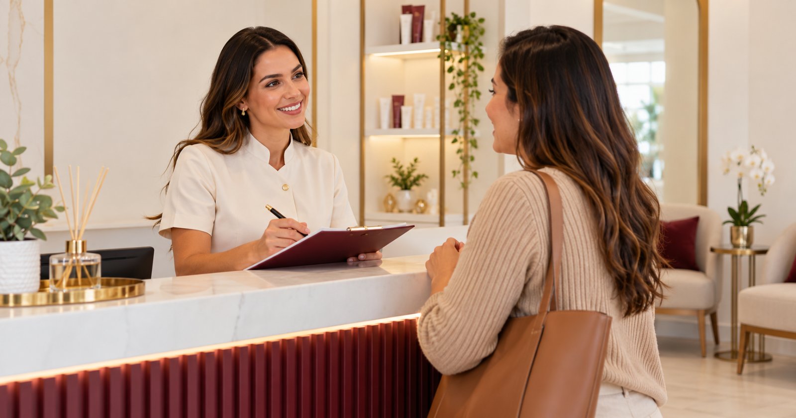 Proprietária recebendo uma visitante na recepção de uma pequena clínica de estética