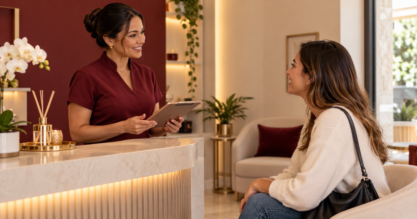 Escuta e acolhimento na experiência da cliente Esteticista com prancheta conversando com uma cliente sentada na recepção de uma estética