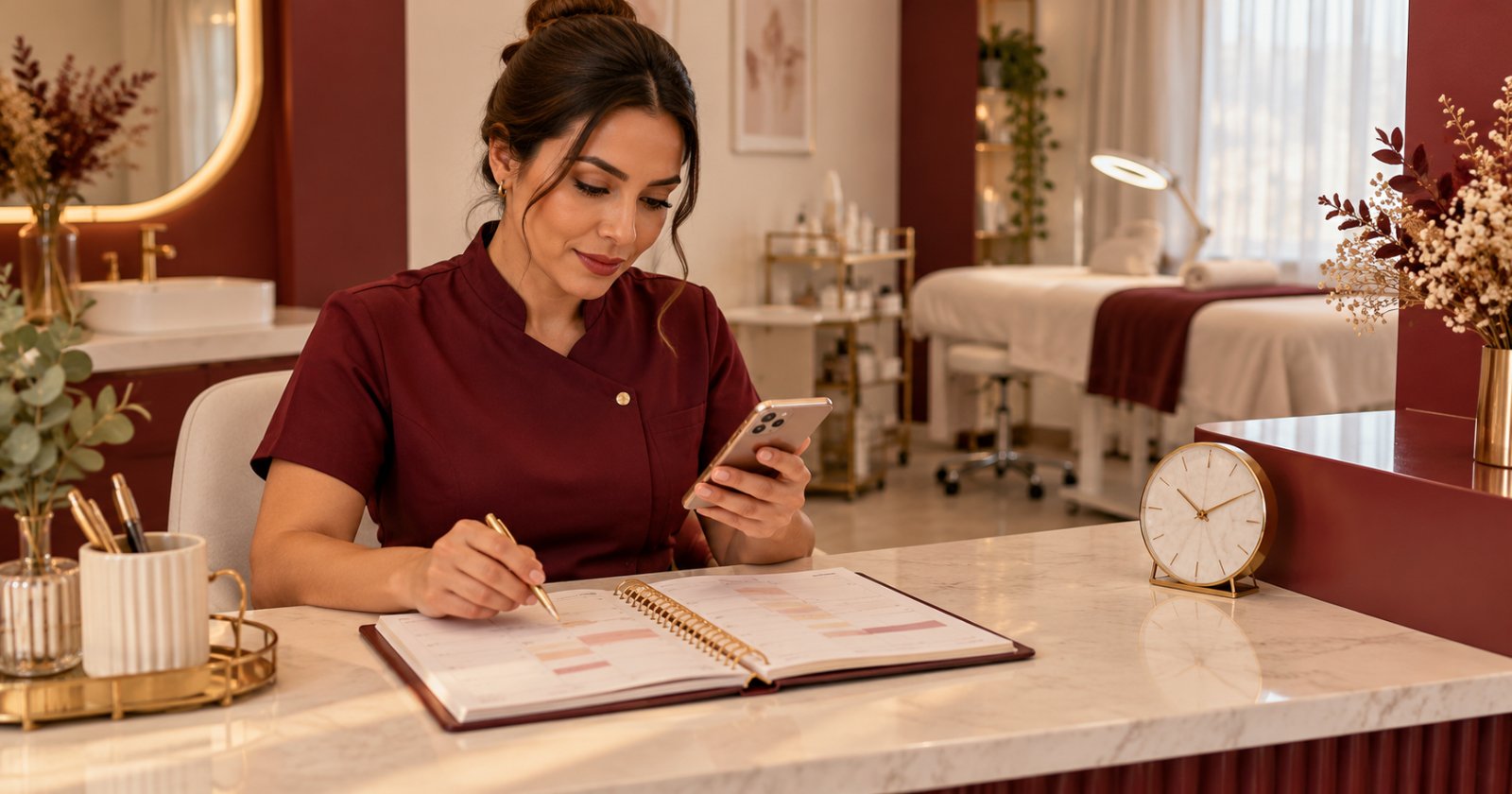 Esteticista consultando celular e agenda aberta ao lado de um relógio em seu estúdio vazio