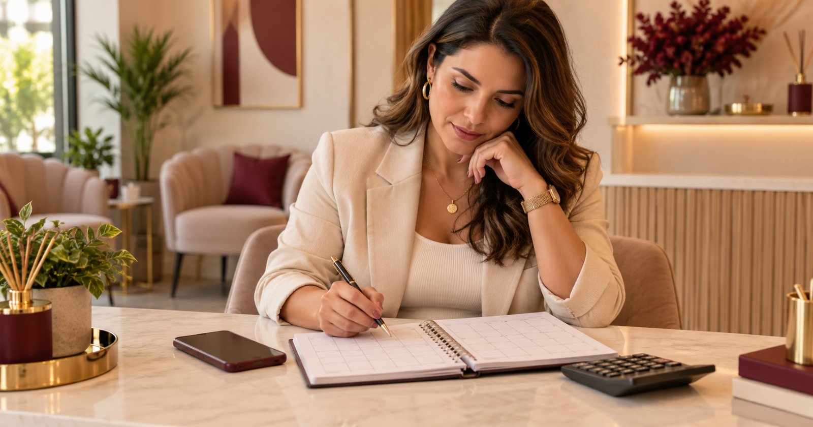 Proprietária conferindo uma agenda de papel com calculadora e celular sobre a mesa da clínica