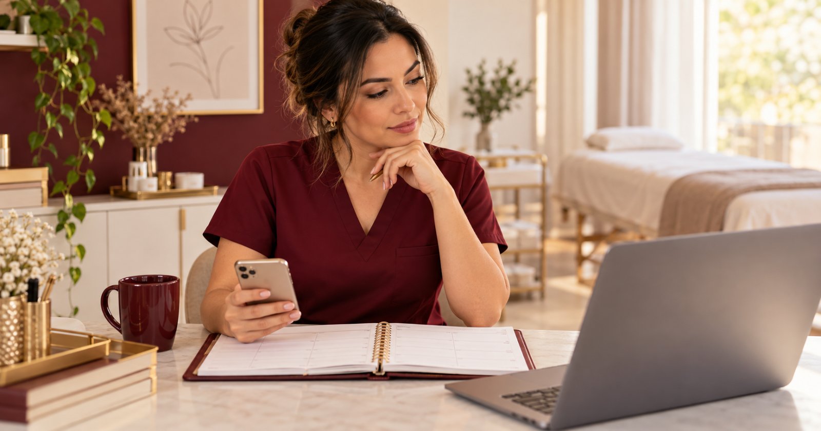 Escolha de agenda para esteticistas e biomédicas em 2026 Esteticista comparando notebook, celular e agenda de papel em um pequeno estúdio de estética